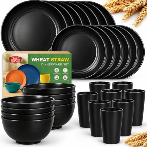 Teivio 32-Piece Kitchen Plastic Wheat Straw Dinnerware Set, Service for 8, Unbreakable Modern Dish...