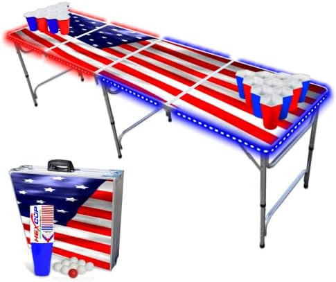 8-Foot Professional Beer Pong Table w/Free HEXCUPs, Pong Balls, Cup Holes & LED Glow Lights - America Edition