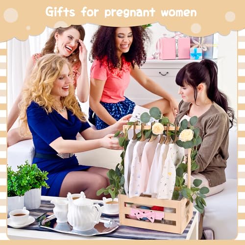 Image of Wooden Baby Shower Crate Closet, Baby Basket with Handle Baby Storage Crate Hamper, Baby Welcome Gifts with 6 Pieces Teddy Bear Wooden Hangers, Baby Personailzed Basket for Pregnancy New Parent