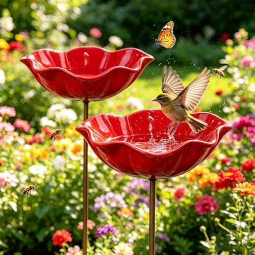 2Stück Vogeltränke Blume Winterfest Futterstation Vögel Insektentränke Blumes Für Den Garten Vogeltränke Metall Gartenstecker Bienentränke Gartens Für Bienens Futterschale Für Rasen (2Pcs Rot)