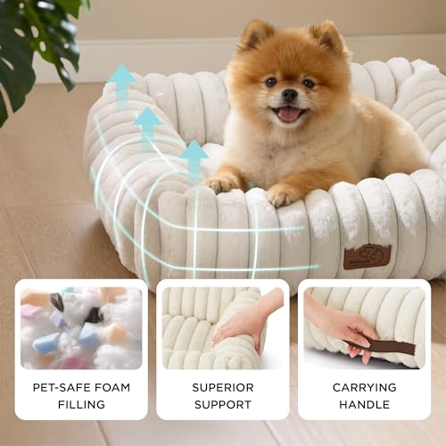 Bedsure Cute Dog Bed for Small Medium Dogs - Washable Furry Puppy Beds, Rectangle Orthopedic Corduroy Fleece Pet Beds with Removable Zipper Cover, 25x21x7inches, Cream - Image 4