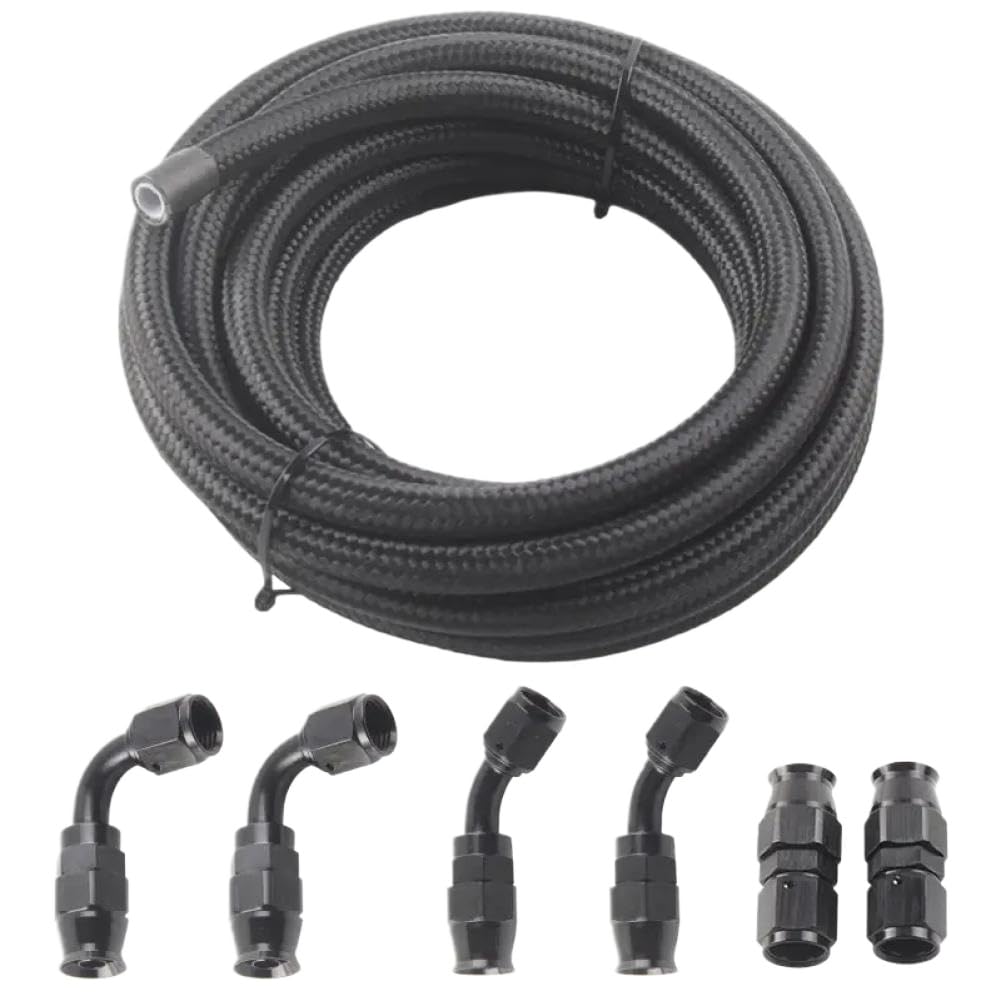 PTFE Fuel Line Fitting Kit with 6 Pcs Swivel Hose Ends An6 An8 An10 3m 10ft E85 Tube Nylon Stainless Steel Braided Black(8AN-10FTBK)