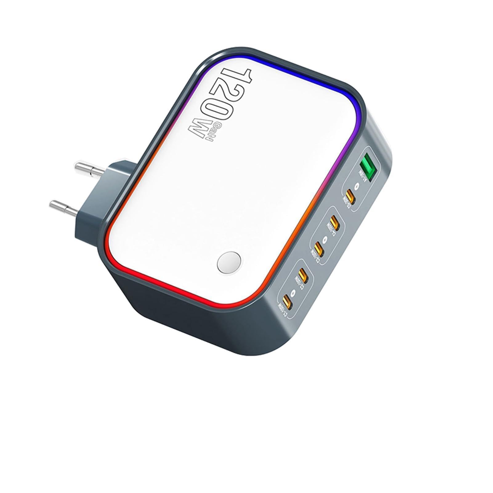 Stazione di Ricarica GaN a 6 Porte da 120 W, Hub Caricabatterie Rapido USB C Multifunzione con Caricatore da Viaggio per Smartphone, Laptop, Tablet (Spina europea)