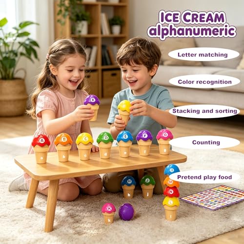 Image of Ice Cream Alphabet Cones Matching Toy,ABC Letter Matching and Color Sorting Learning Educational Game with Word List Uppercase Lowercase Recognition,Preschool Montessori Activities for Kids 3+