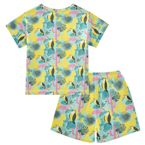 Pink Flamingo Toucan Leave Pajama Set, Short Sleeve Cotton Sleepwear Nightwear2