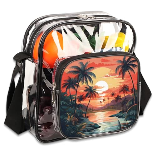 Clear Crossbody Bag Stadium Approved Beach Sunset Transparent Bag for Festivals, Sports Events, Concerts,Beach Bag for Women Men Plam Tree Landscape Clear Purse with Front Pocket Messenger Bag