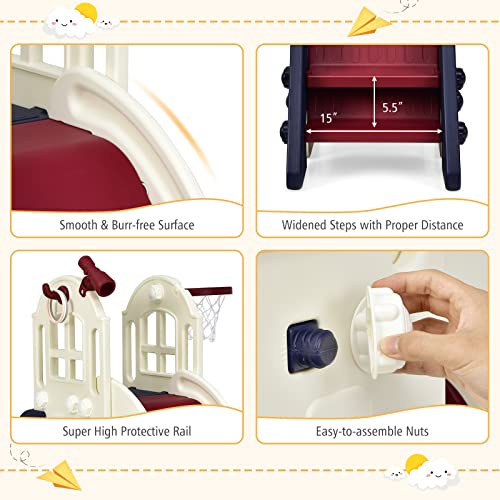 Baby Joy 6 In 1 Slide For Kids, Toddler Large Climber Slide Set With Basketball Hoop, Ball, Ring Toss & Telescope, Climb Stairs, Freestanding Kids Slide For Both Indoors Outdoor Use Gift Present #TOP6
