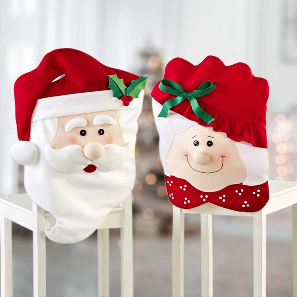 Christmas Chair Covers Slipcovers for Dinning Room, Set of 2 Mr & Mrs Santa Claus Hat Christmas Chair Back Covers for Xmas Decorations Home Kitchen Decor