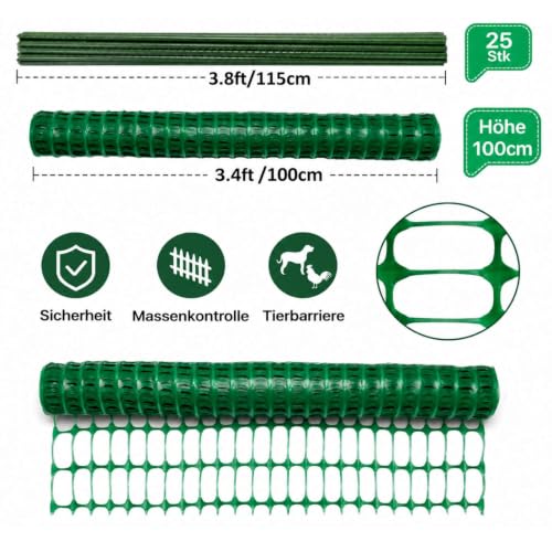 Signstek Begrenzungszaun, 100 cm hoch, 30m lang, 25×115cm hoch Pfähle, 100×Kabelbindern, mobiler Zaun Hundezaun Hühnerzaun Gartenzaun für Garten, Haus, Hof