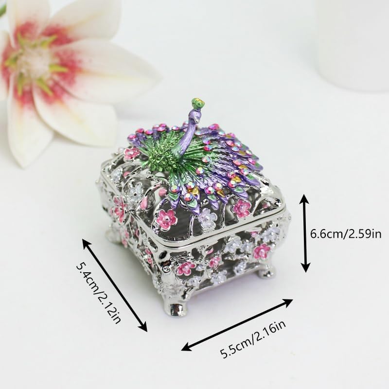 Silver peacock jewelry box with dimensions labeled: 2.12 inches deep, 2.16 inches wide, 2.59 inches high.