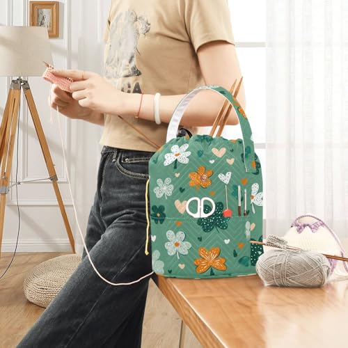 Image of ElliTarr Crochet Bag Yarn Bag with Handle Portable Knitting Project Bag Travel Yarn Storage Organizer Holder Case Green Shamrocks Hearts