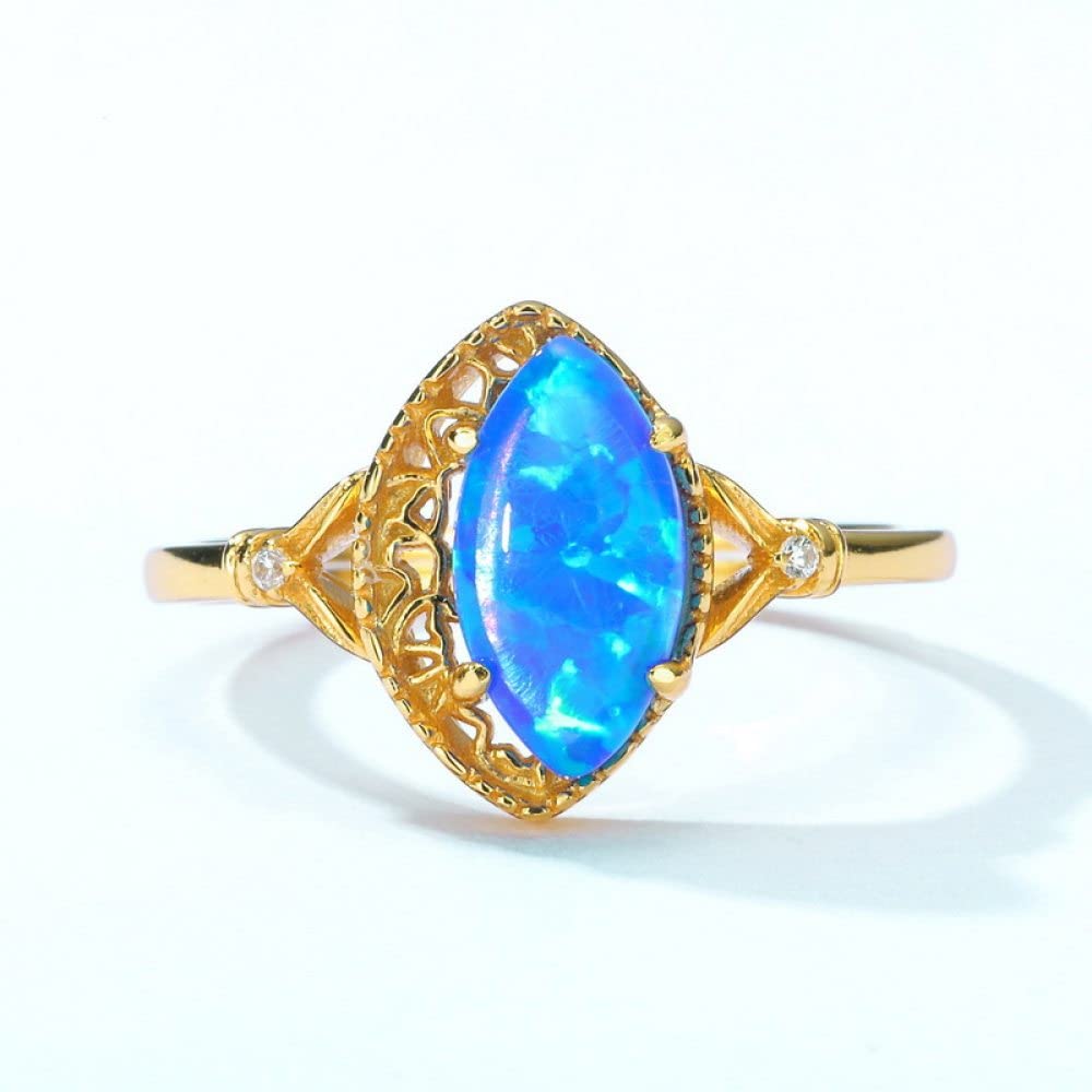 Anello In Argento Sterling 925,Anelli A Forma Di Marquise Regolabili Per Donna Rombo Blu Opale Incisione In Argento Sterling 925 Zircone Placcato Oro 7 Chakra Anello Oscillante Anelli Di Promessa Pe