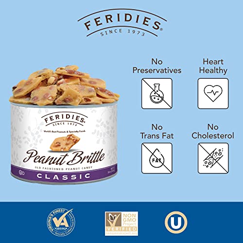 FERIDIES Old Fashioned Gourmet Peanut Brittle, Homemade Candy with Extra-Large Virginia Peanuts - 16 Oz Tin