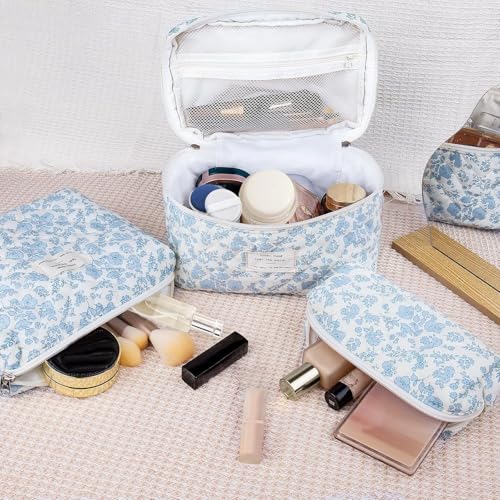 Image of Lyrovo Makeup Organizer Cosmetic Bag Quilted Large Floral Make Up Organize Set for Women Flower Travel Toiletry Bag (Blue-White)