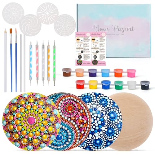 Beeplove Relaxing Crafts for Adults - Gifts for Women Mom Daughter Sister Friend Co-Worker Beginner Friendly Mandala Rock Painting Kit with Stencils Dotting Tools