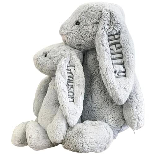 Personalized Bunny Rabbit, Child&#39;s Name Embroidery Bunny Rabbit Stuffed Animal Plush Toy Custom Fluffy Rabbit Easter Gift for Baby