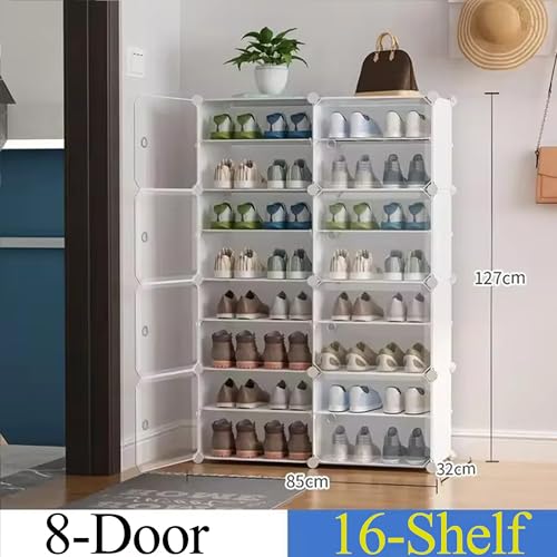 Image of AYSIS ๐๐ ๐๐ก๐๐ฅ๐ Plastic Shoe Rack for Home with 8 Transparent Magnetic Doors, 5 Hook Holder & Wooden Hammer, Shoes Stand Cabinet for Home Storage Organizer, Space Saving Footwear Stand - White