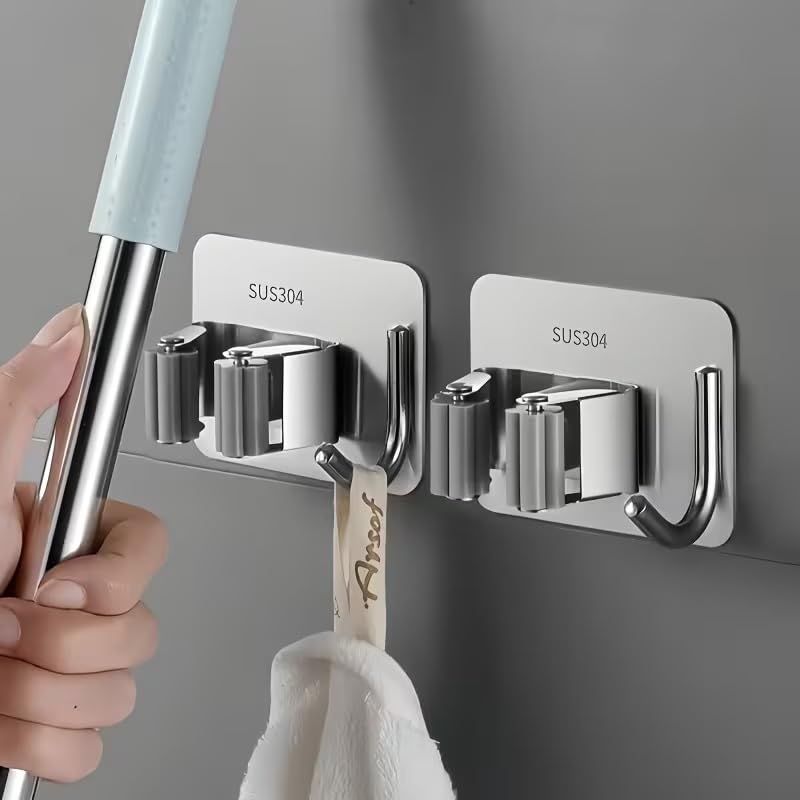 Image of Kmils Self Adhesive Mop Holder Wall Mount, Stainless Steel Broom Holder with Hook, No Drill Wall Organizer for Mop, Broom, Bathroom, Kitchen & Laundry Room (Silver, Pack of 2)