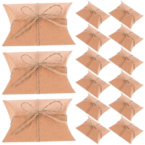 CONGARTENO 50個 牛皮紙抱枕ボックス 麻紐付き 小型キャンディ包装箱 ラッピング用シンプルクラフト紙箱 パーティーや結婚式向けお菓子用包装
