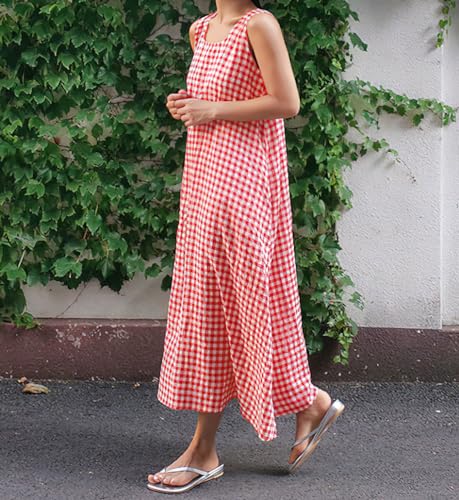 Image of chouyatou Women's Summer Casual Loose-Fit Cotton Plaid Tank Maxi Dress with Pockets Boho Beach Sundress