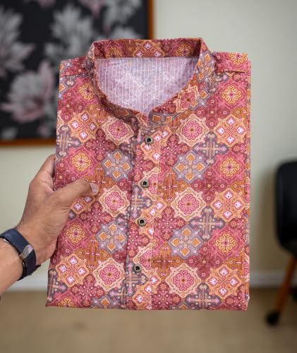 Image of FOXDX Men's Cotton Kurta, Ethnic Printed Kurta for Perfect Ethnic Look, Stand Collar Long Sleeve Casual Printed Regular Long Kurta