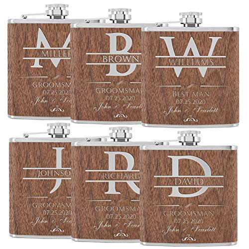 Set of 6, Groomsmen Gifts - Personalized Groomsman Flask w/Name, Title, Date - Walnut Wood - Groomsmen Proposal Gifts w/Optional Gift Box, Groom's Drinking Team, Bachelor Party Gifts - Best Man #D2
