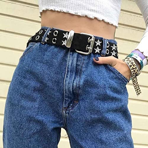 Yokawe Star Punk Belt Black Double Grommet PU Leather Buckle Vintage Punk Rock Jeans Belts for Women and Men4