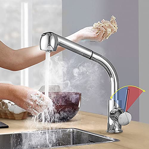 バーファームハウス商業用キッチンシンクの蛇口、引き出し式キッチン蛇口、ホットコールドミキサークレーン、ブラックシングルハンドルキッチンタップ、360度回転水ミキサー(Chrome)