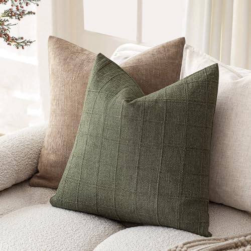 Image of Foindtower Set of 1 Decorative Linen Check Throw Pillow Cover Neutral Farmhouse Vintage Cushion Cover Modern Boho Home Decor for Sofa Chair Couch Bedroom Living Room,26x26 Inch,Olive Green