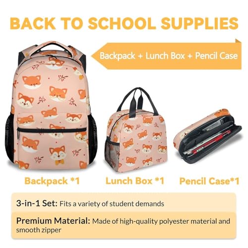 Fox Backpack with Lunch Box Set for Girls, 3 in 1 School Backpacks Matching Combo, Cute Orange Bookbags and Pencil Case Bundle3