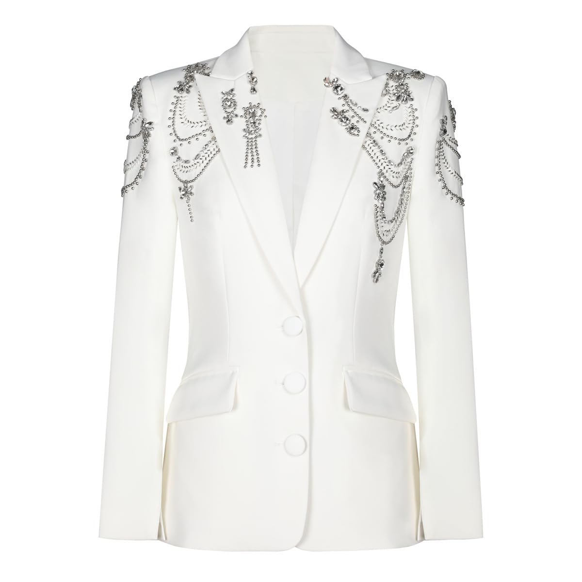 Fashion Womens Blazer Double-Breasted Crystal Nail Embellishments Evening Long Suit Jacket