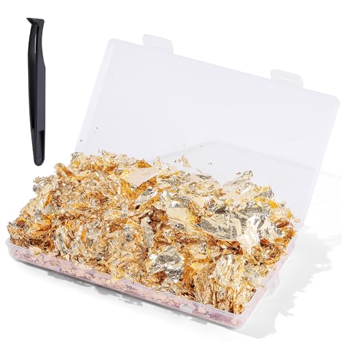 FLOYEUML 15g Gold Flakes Set with Storage Box and Precision Tweezers Shiny Metallic Foil Flakes for Resin Art Nail Art Epoxy Crafts Painting Gilding and DIY Decor Projects