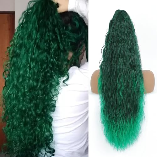 Image of Claw Clip Ponytail Extension 26In Long Wavy Curly Hair,Ombre Green