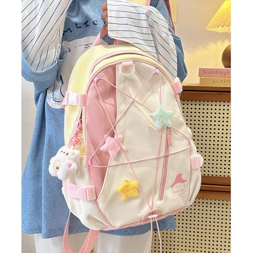 MYSNKU Kawaii Schoolbag Backpack with Cute Pendenat Star Y2K Aesthetic Cute Preppy Schoolbag for Girls (Pink & yellow)3
