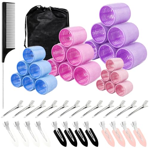 Euablfo 50 Piezas Rulos Pelo Autoadhesivos, 24 Rizadores con Pinzas, 4 TamañOs (60/48/36/25 Mm), Rodillos Autoadhesivos Para Cabello Largo, Mediano y Corto