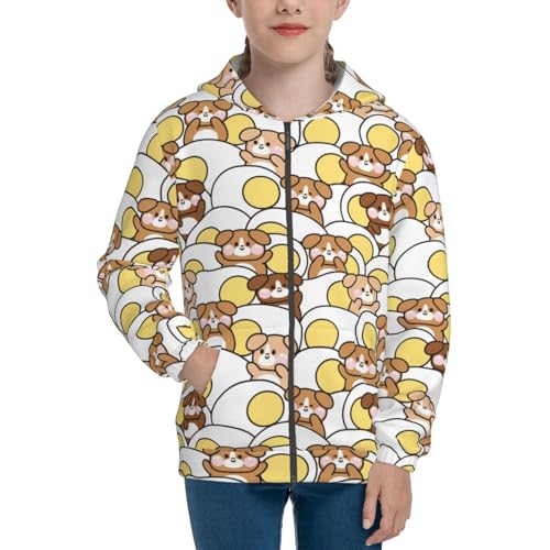 Cute Dog with Big FFried Egg Kid Hoodies Boys Zip Up Sweatshirts Girls Pullover with Pocket3
