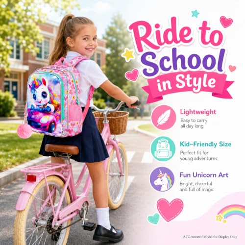 Image of HPJGD 3PCS Girls Unicorn Bookbag Set, Kids Sports Car Backpack Set for Girls with Lunch Box, Cute Water Resistant Elementary School Bag for Preschool Toddler - Pink Unicorn Sports Car