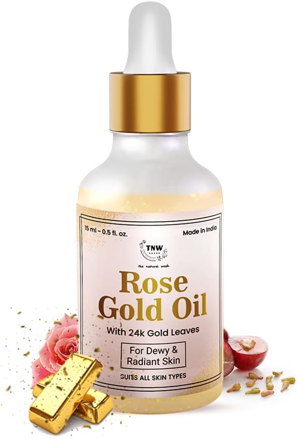 TNW-THE NATURAL WASH Rose Gold Oil - 15ml | Enriched with Rose Oil, Grape Seed Oil & 24K Gold Leaves | For Glowing Dewy & Radiant Skin | Makeup Primer | All Skin Types | Non-Sticky Texture