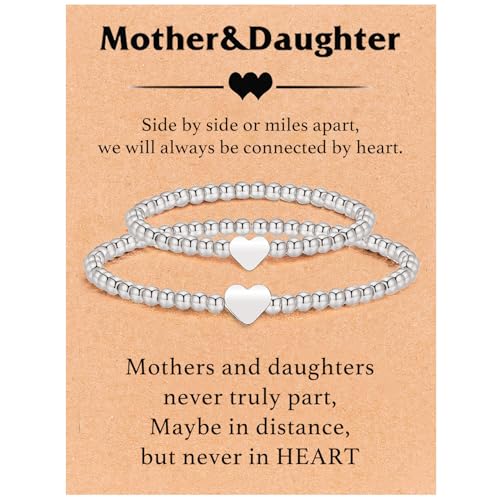 Image of 2Pcs First Day of Kindergarten Preschool Bracelets for Mommy and Me, Matching Heart Beaded Bracelets for Mother Daughter
