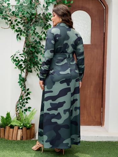 Plus Size Camo Maxi Dress for Women Stretchy V Neck Button Belt A-Line African Outfits with Pockets S-5XL4