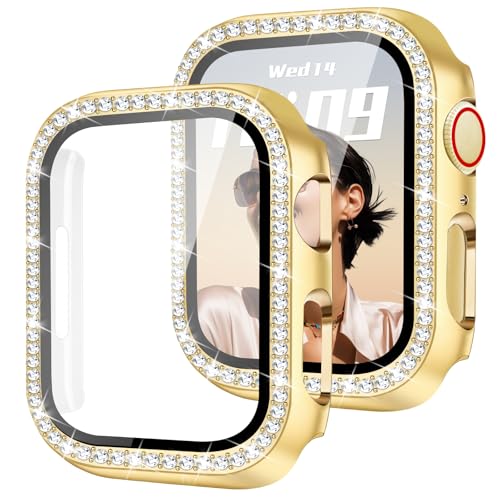 JR.DM Bling Case Compatible with Apple Watch Series 10/11 HD Screen Protector 42mm Women Sparkling Diamond Rhinestone Bumper Protective Face Cover for iWatch Accessories Gold