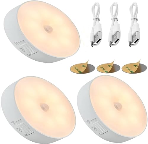 Luz nocturna LED con sensor de movimiento, paquete de 3 cargadores USB recargables, 3 modos de interruptor, base magnética inteligente, luz