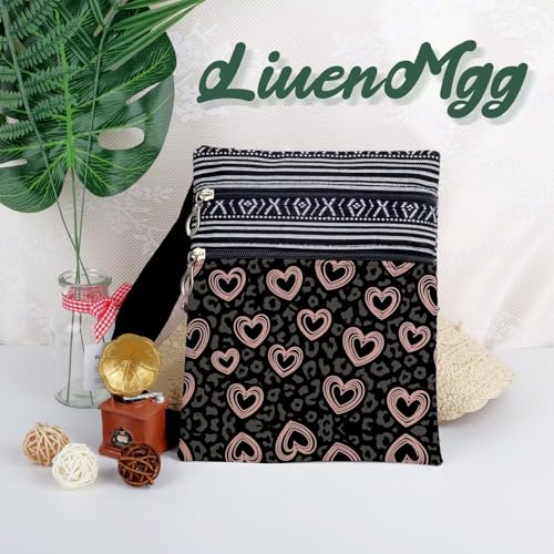 Leopard Cheetah Heart Messenger Bag Small Ethnic Pattern Adjustable Strap Crossbody Zipper Pouch Leopard Cheetah Heart Phone Organizer Wallet Cute Shoulder Handbag for Women Friends-2 5