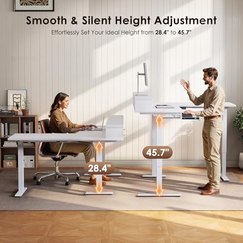 Image of OffiGo 59 Inch L Shaped Electric Standing Desk with Drawers, White