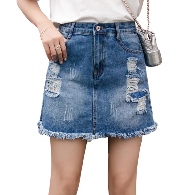 Women's Juniors Casual Distressed A-Line Denim Short Skirt Perforated, Rough edge A-line pant skirt with irregular tassel wrap buttocks skirt