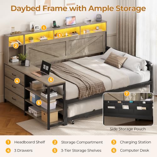 Image of MSmask Daybed with Trundle & 3 Storage Drawers, Full Size DayBed Frame with Headboard & Charging Station, Farmhouse Wooden Bed Frame with LED for Bedroom and Guest Room, Grey