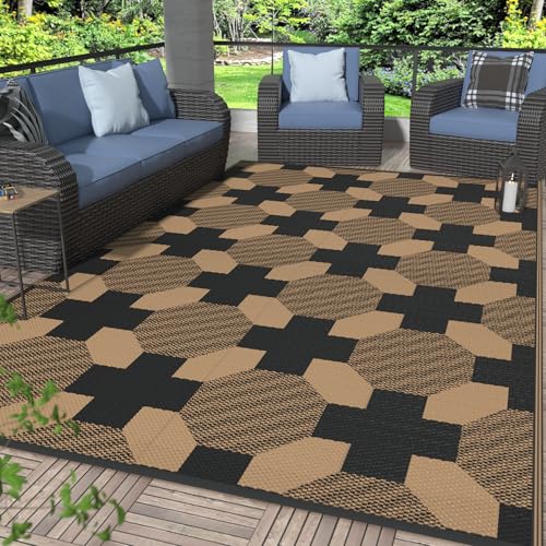 Image of GENIMO Outdoor Rug, Waterproof Plastic Rugs for Patio, 6'x9' Deep Brown | Outside Larger Modern Carpet Mat for Porch Decor, Deck, Balcony, Camping, RV, Backyard, Picnic, Beach, Reversible, Foldable