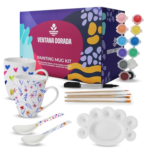 Kit tazas para pintar y hornear – 2 tazas de cerámica con 12 colores, pinceles, rotulador, cucharas, paleta mezcladora y tarjeta dedicatoria – DIY mug para niños y adultos – Regalo de manualidades