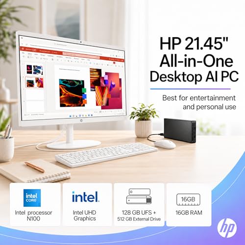 HP 22" FHD All-in-One Desktop Computer, 16GB RAM, 640GB Storage (128GB SSD + 512GB External), Quad-Cores Intel N100, Windows 11 & Office 365 for Web, Keyboard & Mouse Included, White - Image 5