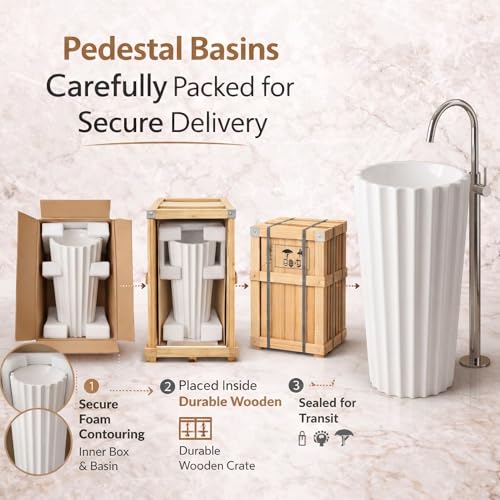 Image of BASSINO 19x19x34 Inches Ceramic Pedestal Wash Basin /7 Years Warranty /One Piece Free Standing Basin For Bathroom /Living Room /Salons /Round Modern Sink For Hotel /Floor Mounted Washbasin(White Glossy)